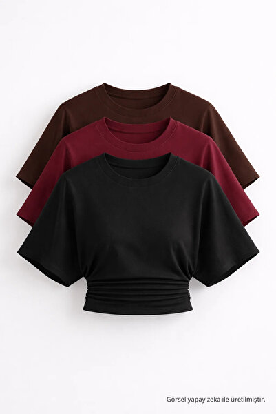 COMBİNE MİCHAİL Kadın Yarasa Kollu Basic Dar 3 Lü Crop Bluz