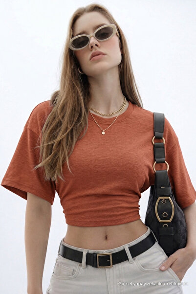 COMBİNE MİCHAİL Kadın Basic Bel Detaylı Pudra Crop Bluz