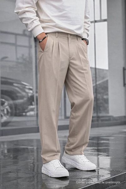 COMBİNE MİCHAİL Erkek Çift Pileli Salaş Krem Baggy Pantolon