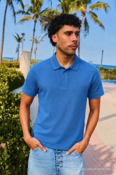 COMBİNE MİCHAİL Men's Short Sleeve A.Blue Loose Polo Collar T-Shirt