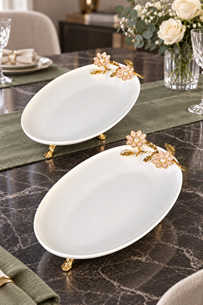 MAY HOME Çiçek Detaylı 2'Li Porselen Kayık Tabak & Oval Meze Salata Tabağı