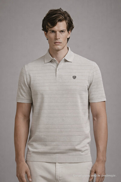 COMBİNE MİCHAİL Men's Striped Comfortable Gray Polo Neck T-Shirt