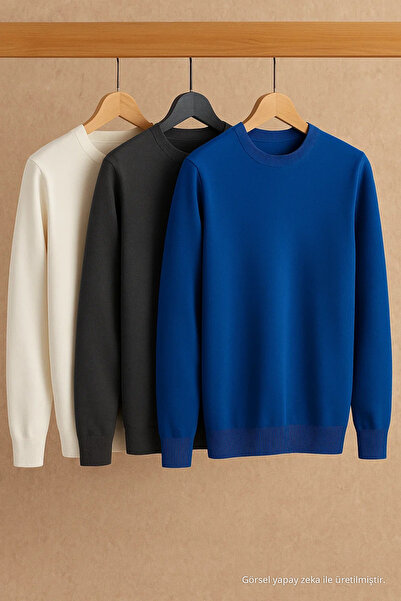 COMBİNE MİCHAİL Men's Crew Neck Basic 3-Piece Knit Sweater