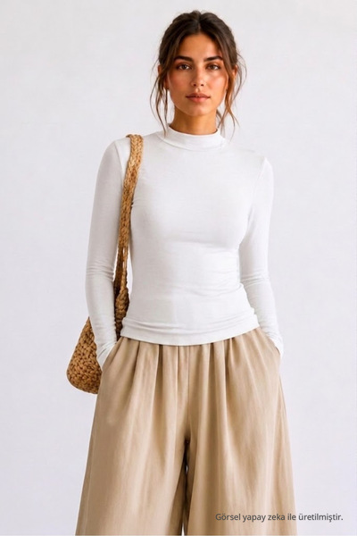 COMBİNE MİCHAİL Kadın Bodycone Crop Uzun Kollu Beyaz Bluz