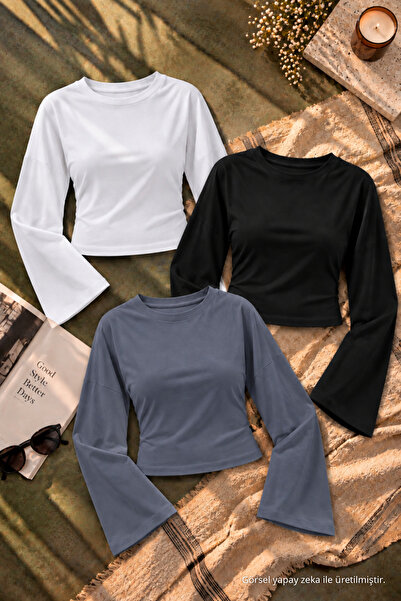 COMBİNE MİCHAİL Women's Basic Wide Sleeve Crop Blouse 3-Piece
