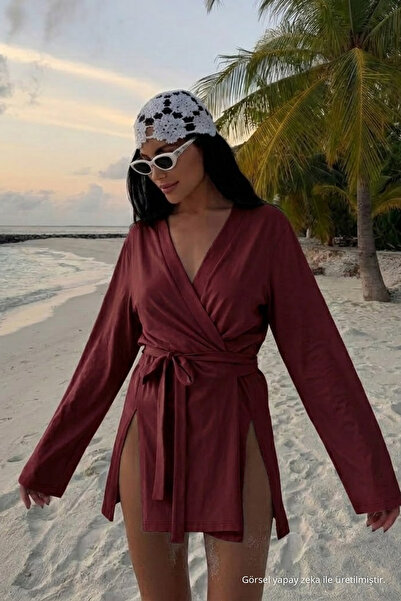 COMBİNE MİCHAİL Kadın V Yaka Salaş Kuşaklı Bordo Kimono