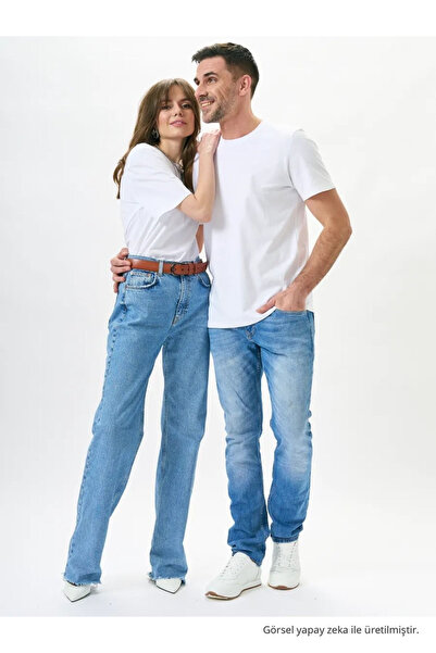 COMBİNE MİCHAİL Women's Oversize Ecru 100% Cotton Crew Neck Basic T-Shirt