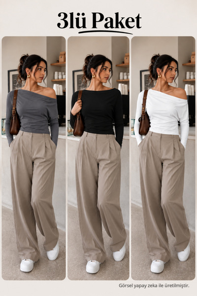COMBİNE MİCHAİL Women's Boat Neck Basic Slim Blouse 3-Piece