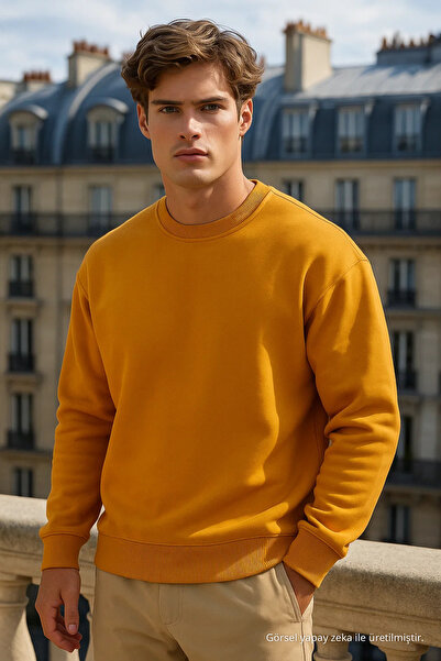 COMBİNE MİCHAİL Men's Crew Neck Oversize Mustard Sweater