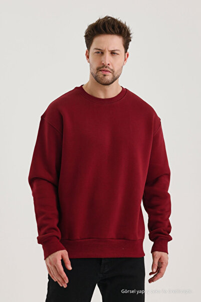 COMBİNE MİCHAİL Bordo Bisiklet Yaka Oversize Şardonlu Basic Erkek Sweatshirt