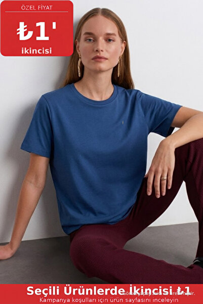 COMBİNE MİCHAİL Kadın Comfort Fit Basic İndigo Bol Tişört