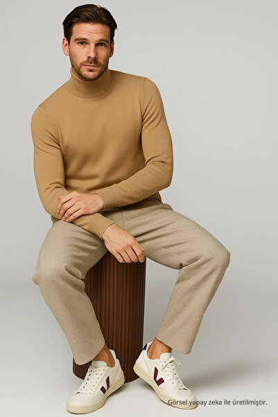 COMBİNE MİCHAİL Men's Winter Brown Half Fisherman Knit Sweater