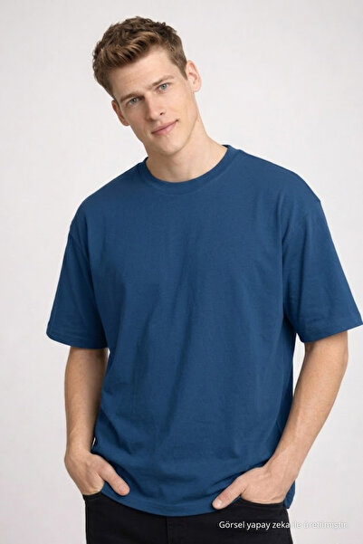 COMBİNE MİCHAİL Men's Cotton Pack Blue Oversized T-Shirts