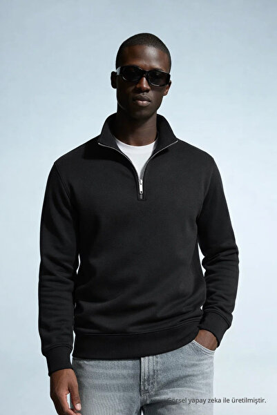 COMBİNE MİCHAİL Men's Winter Knitted Collar Black Sweatshirt