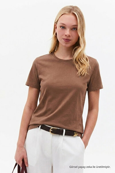 COMBİNE MİCHAİL Women's Crew Neck Loose Basic Brown T-Shirt