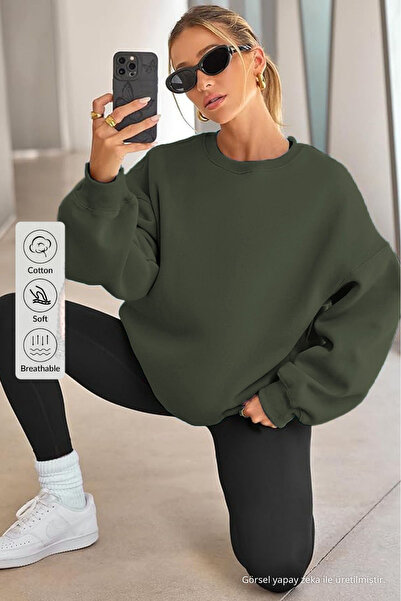 COMBİNE MİCHAİL Kadın Bisiklet Yaka Basic Oversize Sweatshirt KOYU ÇAĞLA