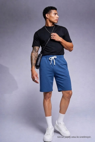 COMBİNE MİCHAİL Men's Comfort Fit Above Knee Blue Shorts