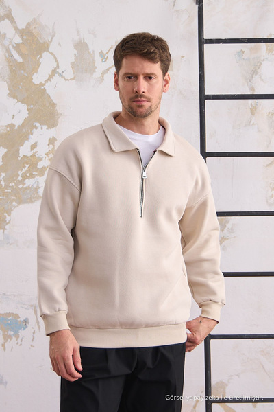 COMBİNE MİCHAİL Erkek Yarım Fermuar Rahat Sweatshirt BEJ