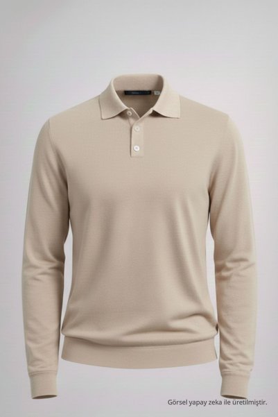 COMBİNE MİCHAİL Men's Basic Loose Cream Polo Collar Sweater