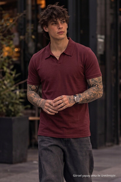 COMBİNE MİCHAİL Men's 100% Cotton Claret Red Polo Neck T-Shirt