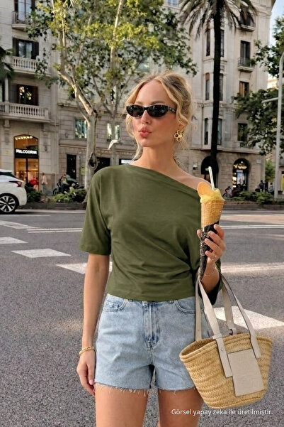 COMBİNE MİCHAİL Women's Off-Shoulder Basic Khaki T-Shirt