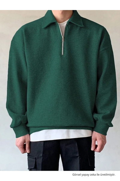 COMBİNE MİCHAİL Erkek Polo Yaka Yarım Fermuarlı Sweatshirt KOYU YEŞİL