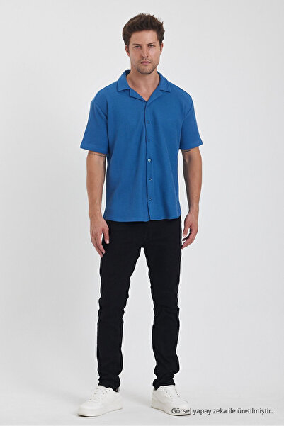COMBİNE MİCHAİL Men's Cotton Stretchy Cuban Collar Short Sleeve Shirt Blue