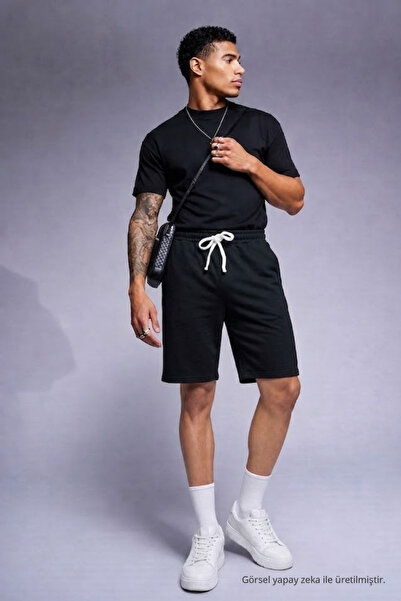 COMBİNE MİCHAİL Men's Comfort Fit Above Knee Black Shorts