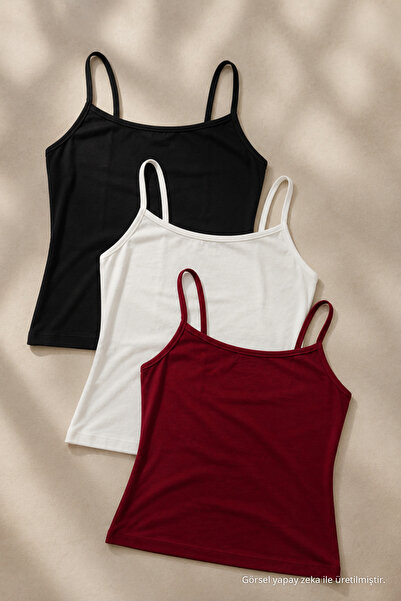 COMBİNE MİCHAİL Kadın Basic İnce Askılı Dar 3 Lü Crop Bluz