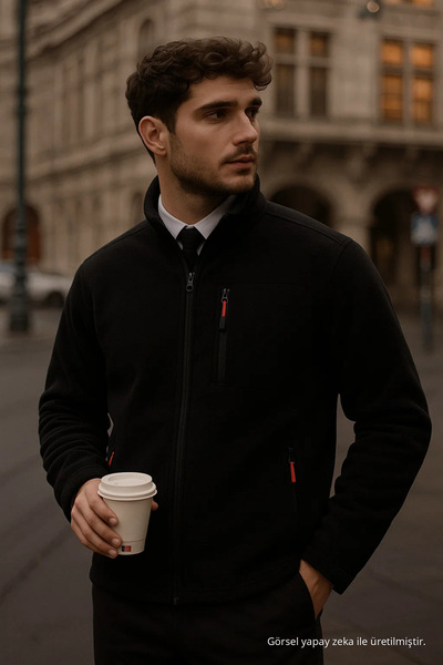 COMBİNE MİCHAİL Men's Mock Neck Zippered Black Loose Fleece