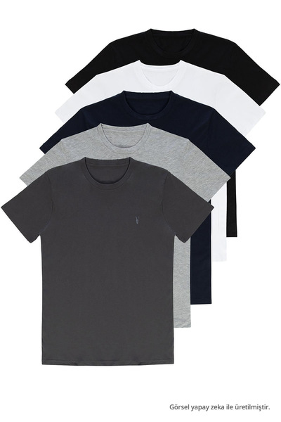 COMBİNE MİCHAİL Standard Pattern Basic Crew Neck Embroidered Detail 5-Pack T-...