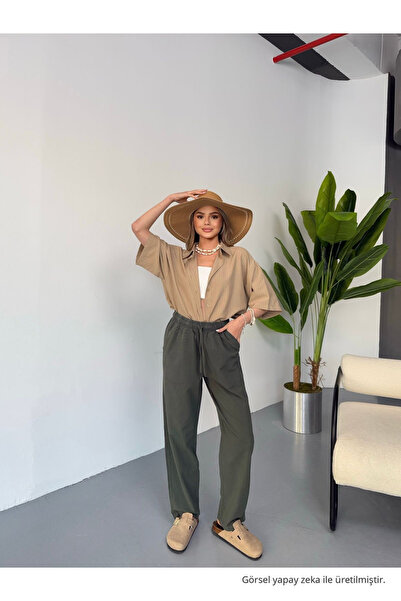 COMBİNE MİCHAİL Women's Elastic Waist Loose Khaki Linen Trousers