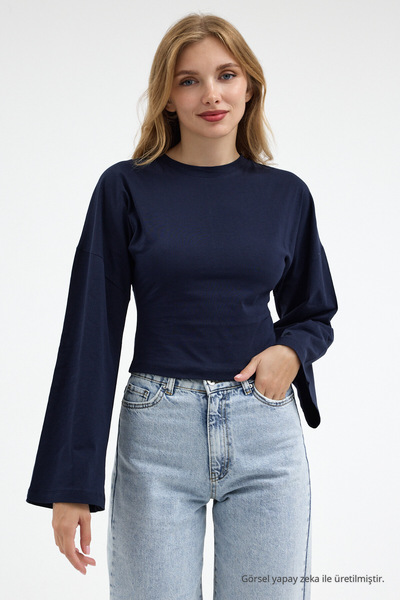 COMBİNE MİCHAİL Kadın Basic Geniş Kol Lacivert Crop Bluz
