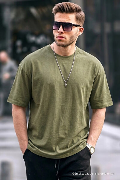 COMBİNE MİCHAİL Men's Premium Basic Trend Khaki Oversized T-Shirt
