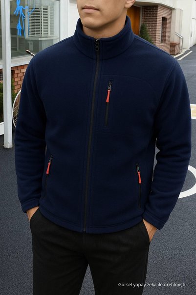 COMBİNE MİCHAİL Men's Comfort Fit Comfortable Thick Navy Blue Fleece