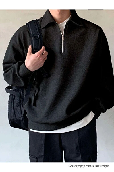 COMBİNE MİCHAİL Erkek Polo Yaka Yarım Fermuarlı Sweatshirt SİYAH