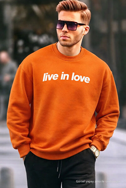 COMBİNE MİCHAİL Written Design Cotton Casual Men's Orange Sweatshirt