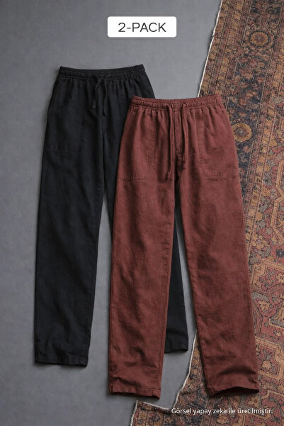 COMBİNE MİCHAİL Men's Elastic Waist Relaxed 2-Pack Linen Pants