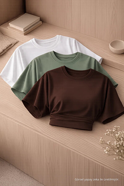 COMBİNE MİCHAİL Women's Crew Neck Basic 3-Piece Crop Blouse