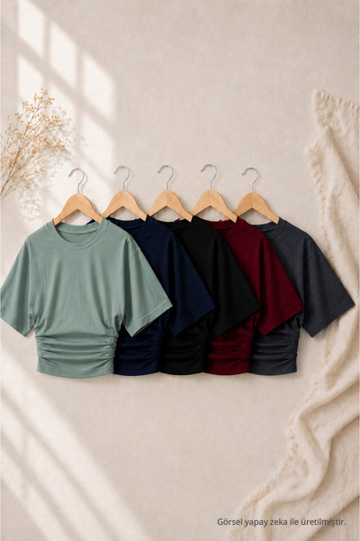 COMBİNE MİCHAİL Kadın Yarasa Kollu Basic Dar 5 Li Crop Bluz