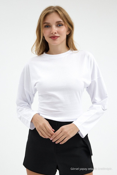 COMBİNE MİCHAİL Kadın Uzun Kol Bele Oturan Beyaz Crop Bluz