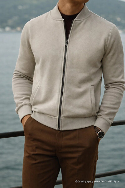 COMBİNE MİCHAİL Men's Relax Cotton Gray Wide College Jacket