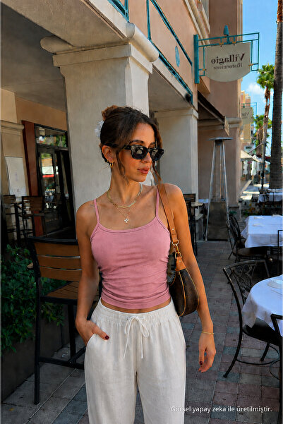 COMBİNE MİCHAİL Kadın Basic İnce Askılı Dar Pembe Crop Bluz