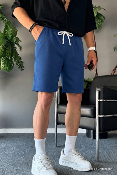 COMBİNE MİCHAİL Men's Comfortable Basic Blue Shorts with Elastic Waistband