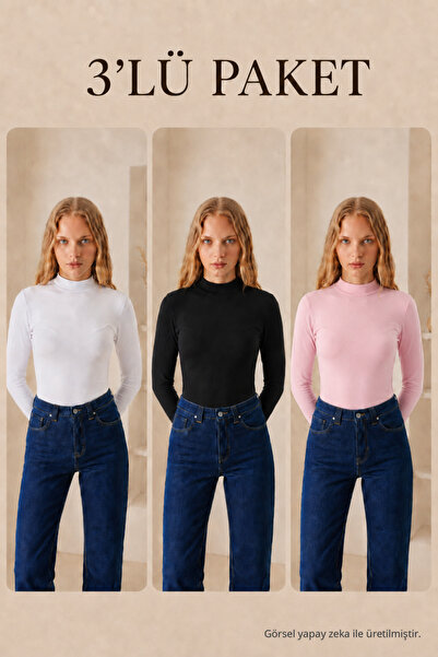 COMBİNE MİCHAİL Women's Half Turtleneck Basic 3-Piece Blouse