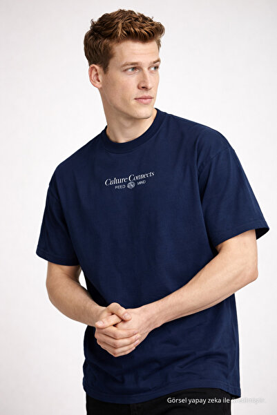 COMBİNE MİCHAİL Men's Text Printed Oversize Navy Blue T-Shirt