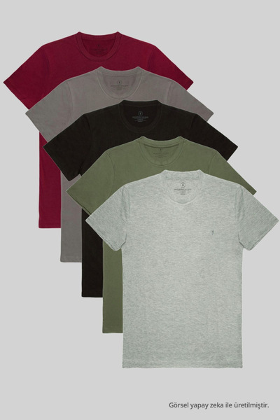 COMBİNE MİCHAİL Men's 5-Li Relaxed Fit 100% Cotton Crew Neck T-Shirt Grimelan...