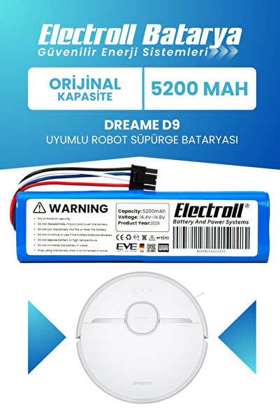 ELECTROLL Dreame D9 Uyumlu Batarya (Orijinal Kapasite) 5200mah Pil Robot Süpü...
