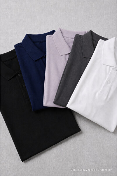 COMBİNE MİCHAİL Men's Short Sleeve Loose 5-Piece Polo Collar T-Shirt