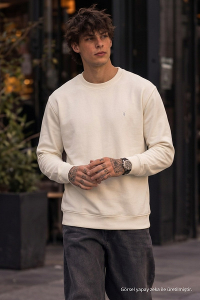 COMBİNE MİCHAİL Knitted Winter Casual Ecru Men's Sweatshirt